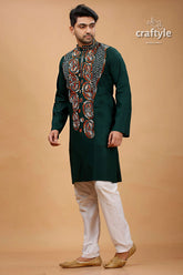 Eden green kantha work cotton ethnic punjabi for men dark kurta intricate red 3