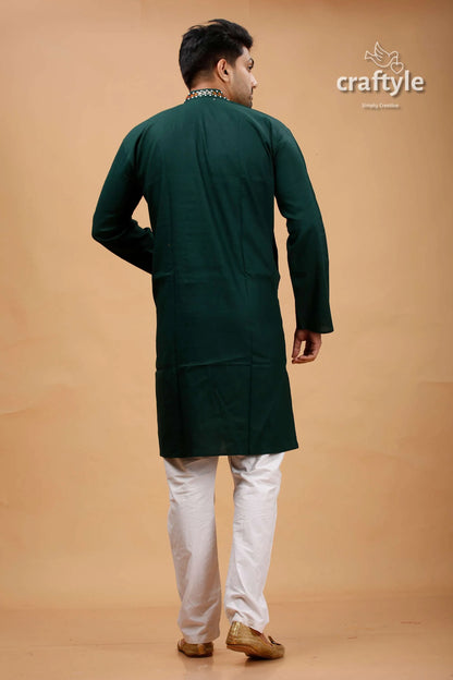 Eden green kantha work cotton ethnic punjabi for men dark long-sleeved kurta decorative 5