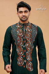 Eden green kantha work cotton ethnic punjabi for men dark kurta intricate paisley 2