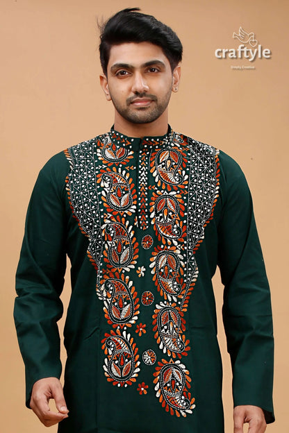 Eden green kantha work cotton ethnic punjabi for men dark kurta intricate paisley 2