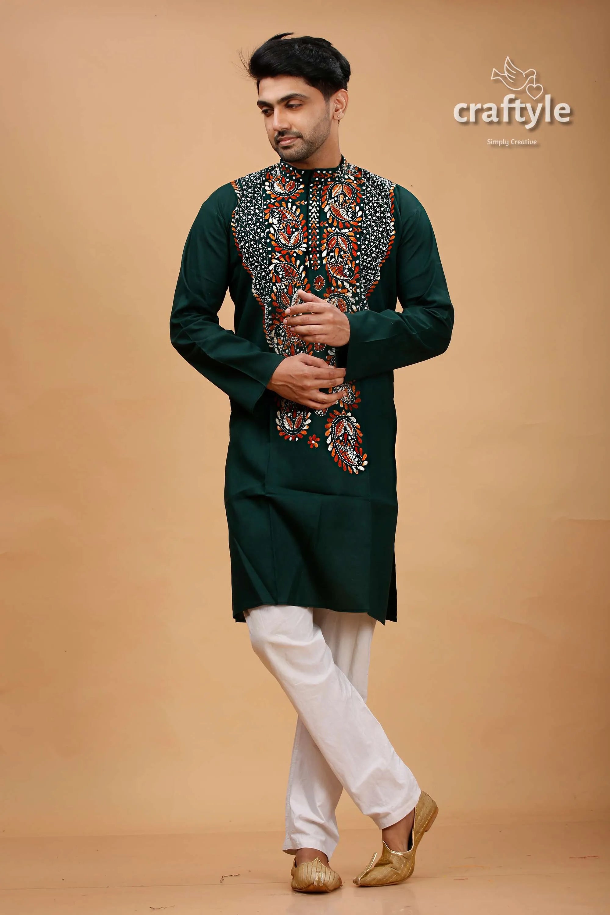 Eden green kantha work cotton ethnic punjabi for men dark embroidered kurta intricate 1