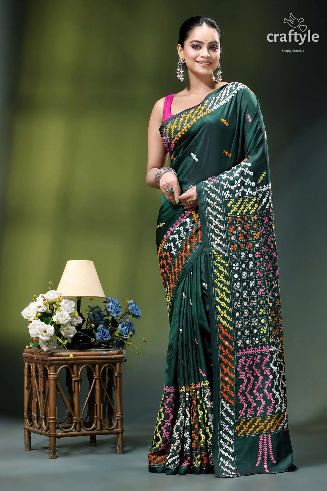 Eden green multi-thread gujrati stitch silk saree with mirror detailing dark green silk saree adorned 1