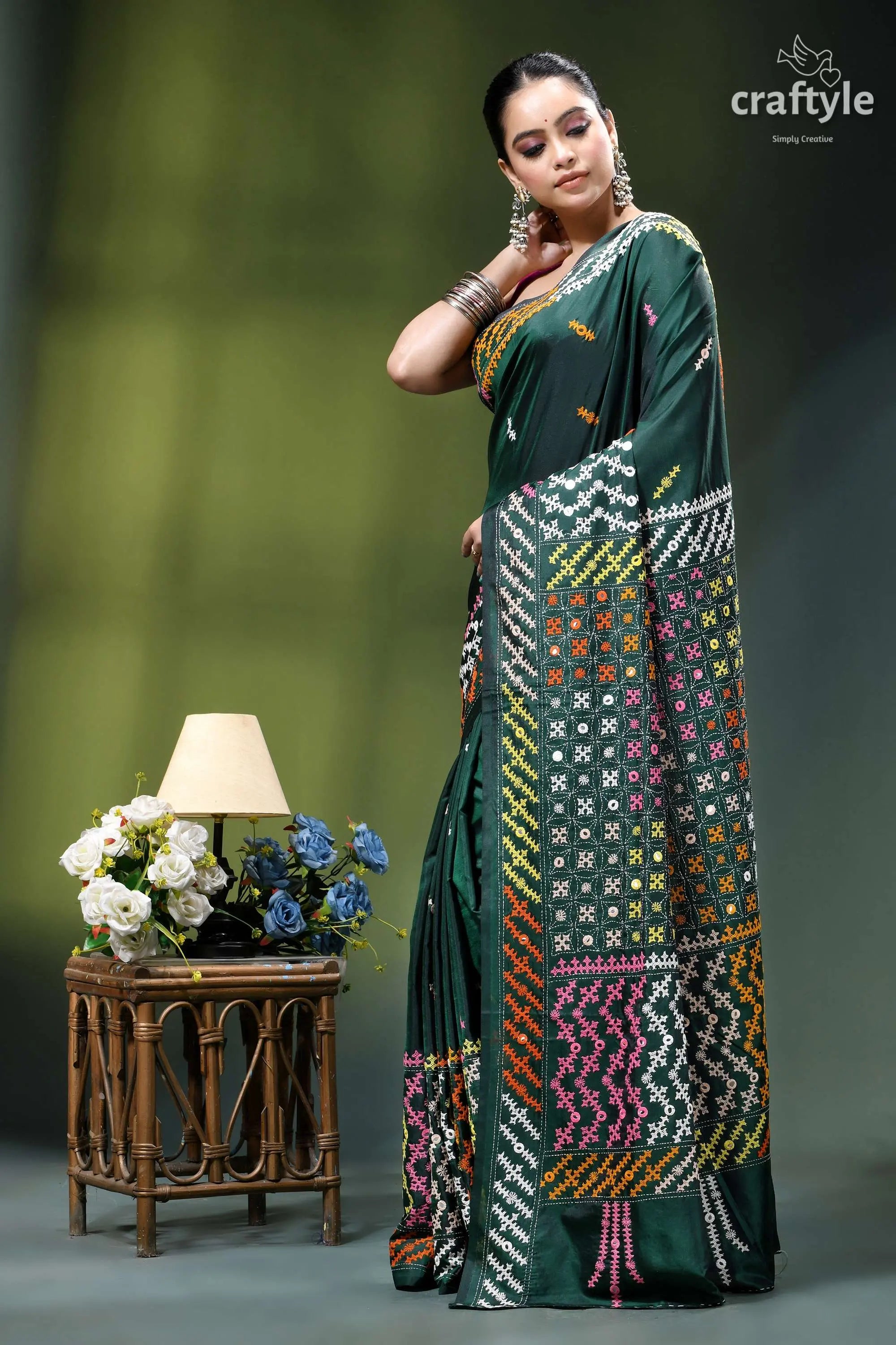 Eden green multi-thread gujrati stitch silk saree with mirror detailing deep green silk saree adorned 3