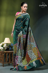 Eden green multi-thread gujrati stitch silk saree with mirror detailing emerald green silk saree intricate 5