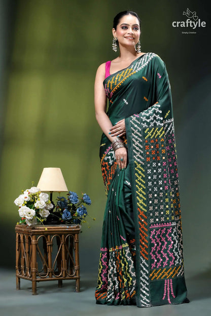 Eden green multi-thread gujrati stitch silk saree with mirror detailing emerald green silk saree intricate 7