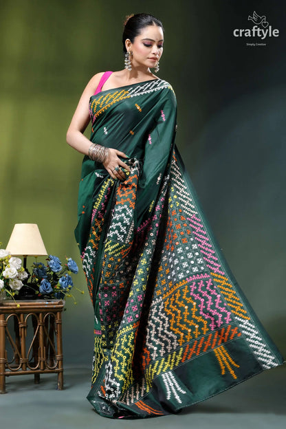 Eden green multi-thread gujrati stitch silk saree with mirror detailing woman wears dark green silk 4