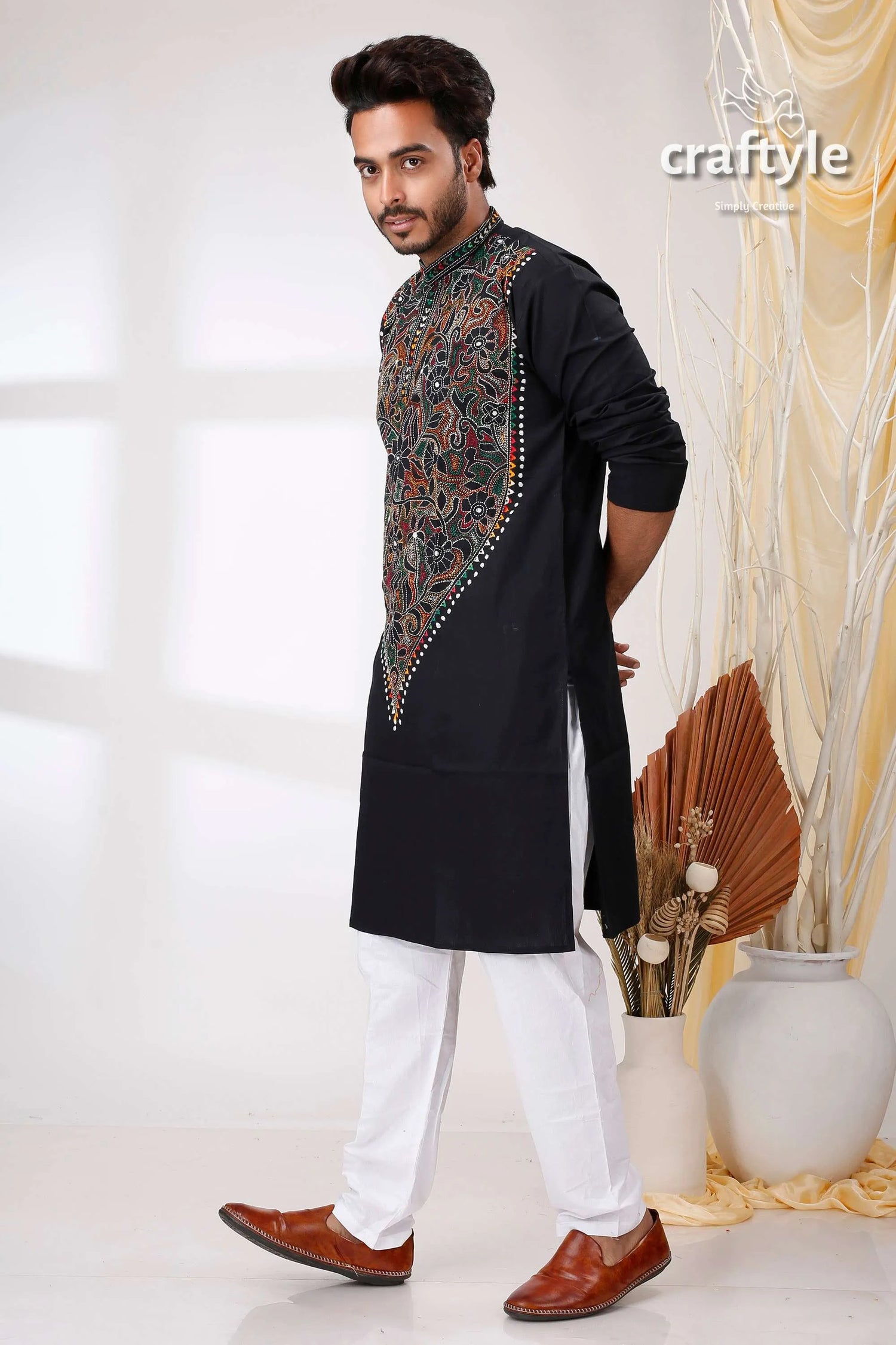 Eeiri black multicolor thread kantha stitch cotton kurta for men embroidered intricate multicolored 3