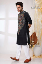 Eeiri black multicolor thread kantha stitch cotton kurta for men embroidered intricate multicolored 3