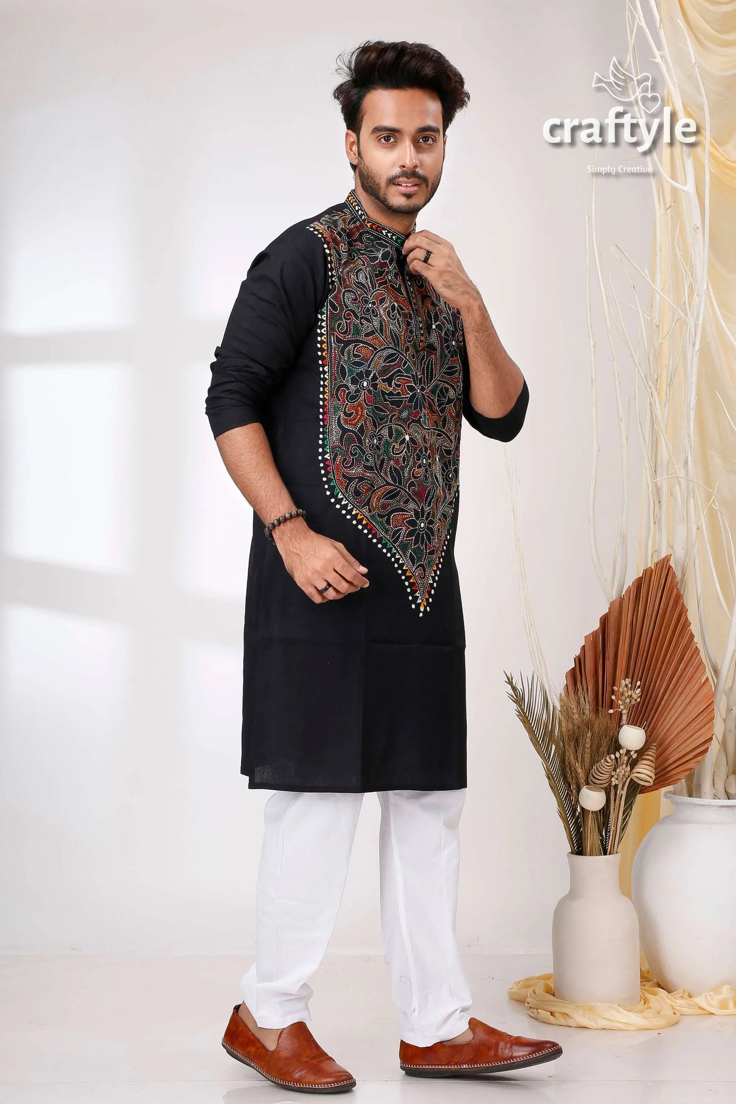Eeiri black multicolor thread kantha stitch cotton kurta for men embroidered intricate floral 4