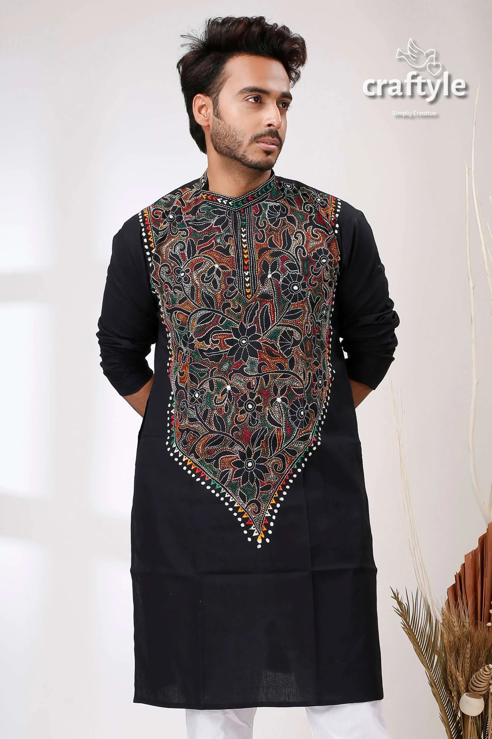 Eeiri black multicolor thread kantha stitch cotton kurta for men embroidered intricate floral 2