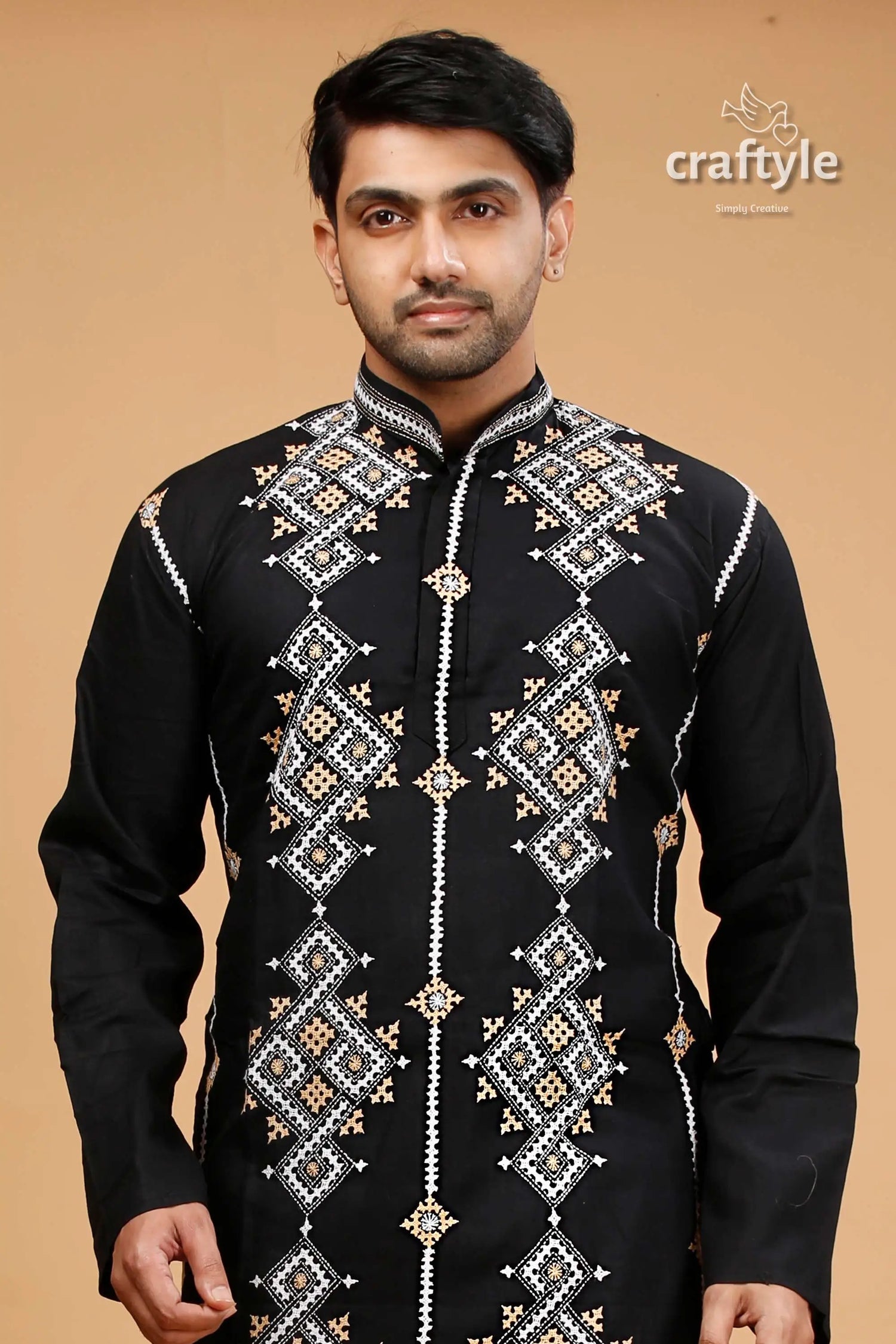 Eerie black kutch design cotton mens kurta kantha embroidery black embroidered kurta 2