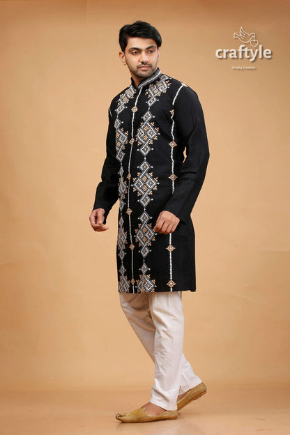 Eerie black kutch design cotton mens kurta kantha embroidery black embroidered kurta pajama set 3