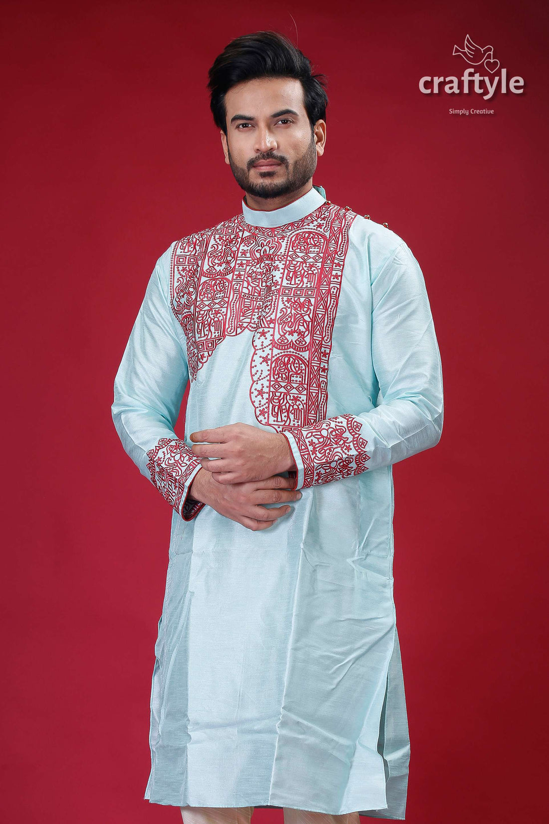 Electric Blue and Maroon Embroidered Silk Punjabi for Men - Craftyle