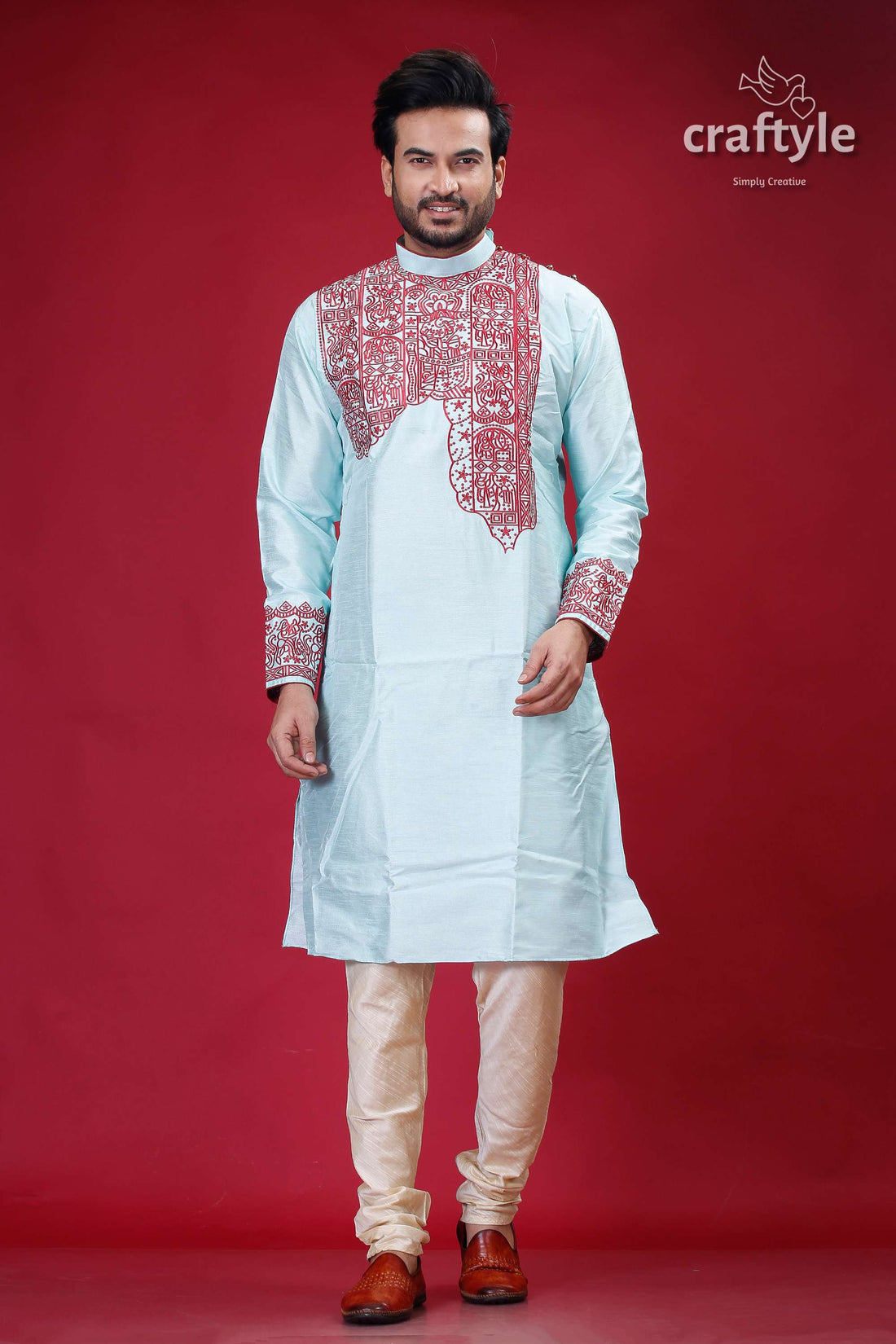 Electric Blue and Maroon Embroidered Silk Punjabi for Men - Craftyle