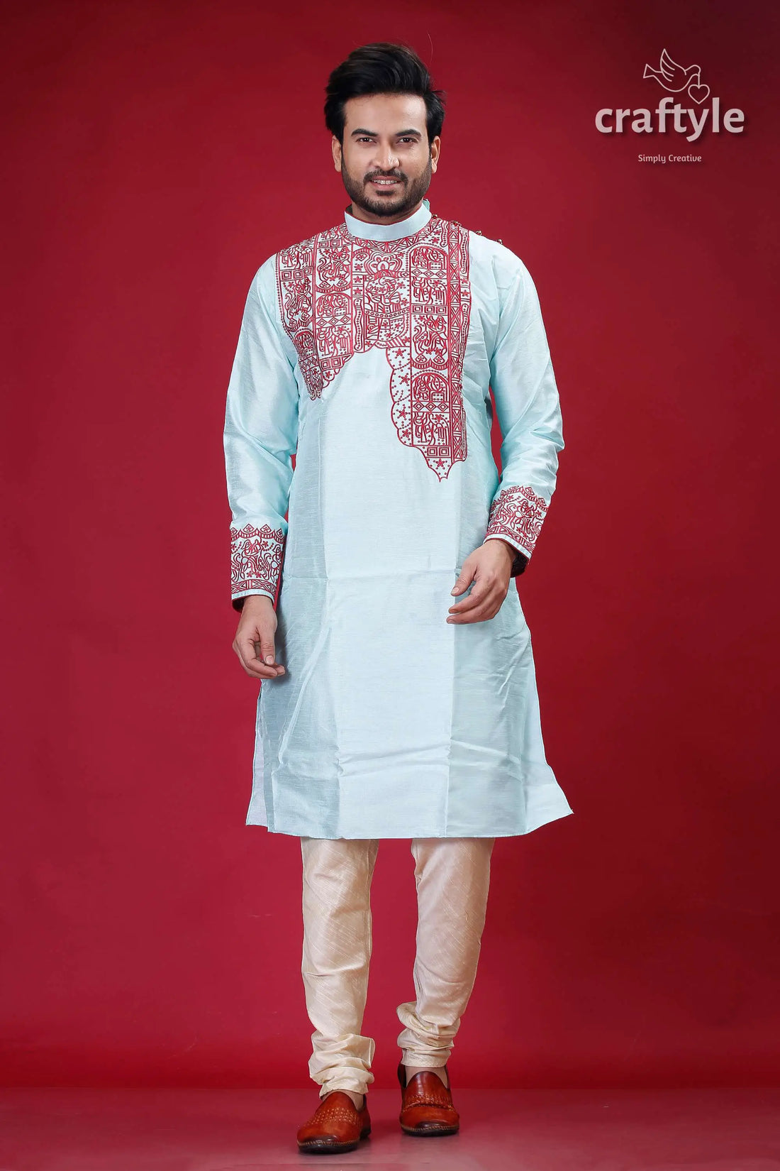 Electric blue and maroon embroidered silk punjabi for men man embroidered kurta pajama 1