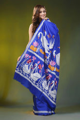Electric blue silk kantha saree with handmade swan lotus motif 4