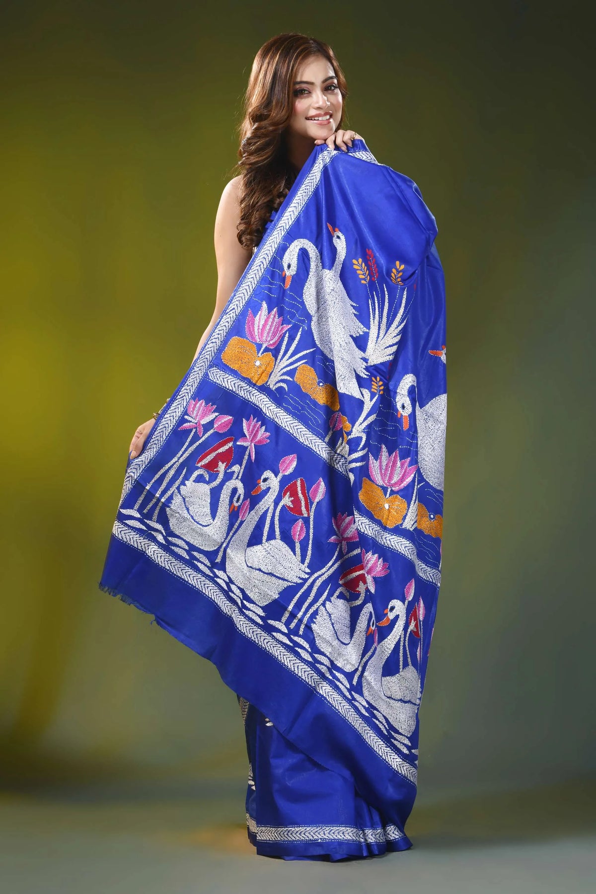Electric blue silk kantha saree with handmade swan lotus motif 4