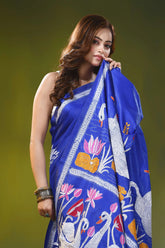 Electric blue silk kantha saree with handmade swan lotus motif 2
