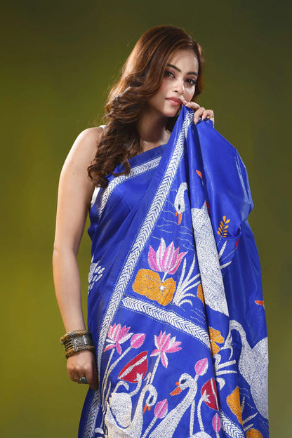 Electric blue silk kantha saree with handmade swan lotus motif 2