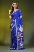 Electric blue silk kantha saree with handmade swan lotus motif 1
