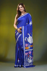 Electric blue silk kantha saree with handmade swan lotus motif 6