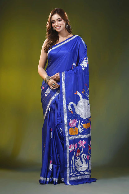 Electric blue silk kantha saree with handmade swan lotus motif 6