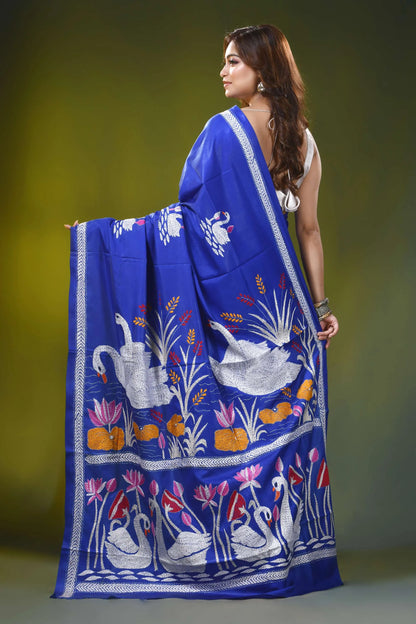 Electric blue silk kantha saree with handmade swan lotus motif 5