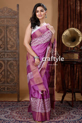 Electric Purple Hand Block Printed Zari Pure Tussar Silk Bishnupuri Sarees - Craftyle