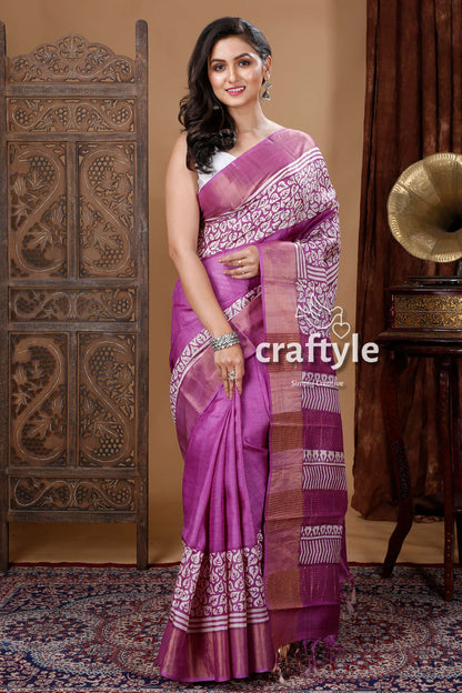 Electric Purple Hand Block Printed Zari Pure Tussar Silk Bishnupuri Sarees - Craftyle