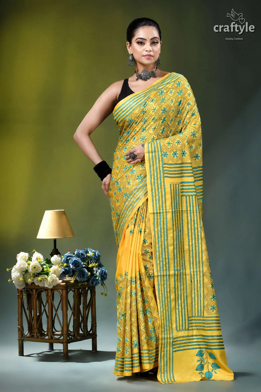 Elegant arylide yellow hand embroidery silk kantha saree yellow green patterned saree intricate 1