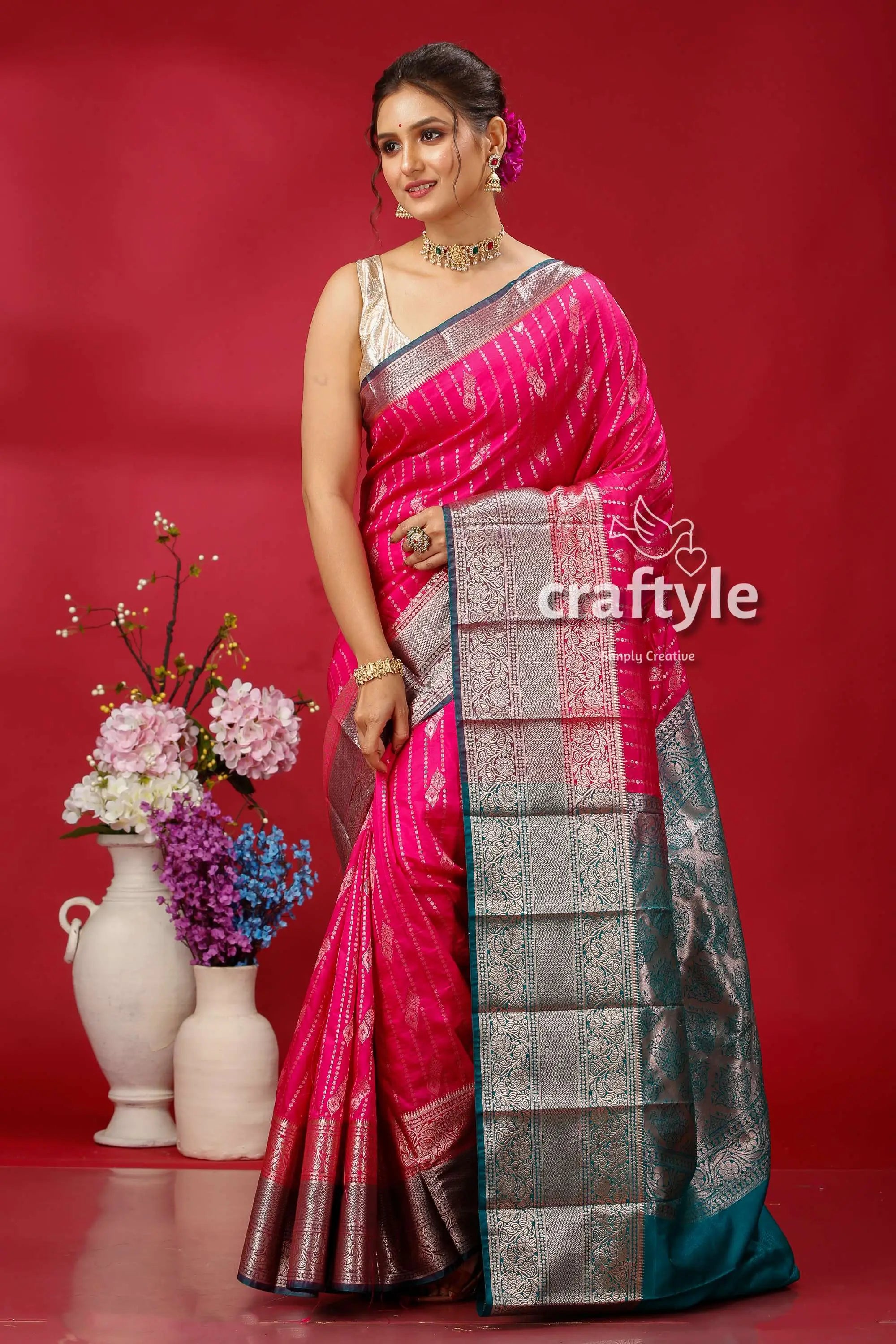 Elegant cerise pink kosha silk saree - perfect for festive occasions pink silver saree 3