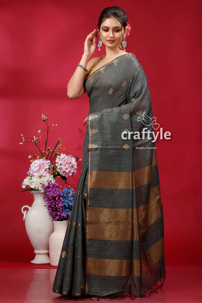 Elegant dark slate golden zari bhagalpuri soft ghicha silk saree gray saree gold stripes 3