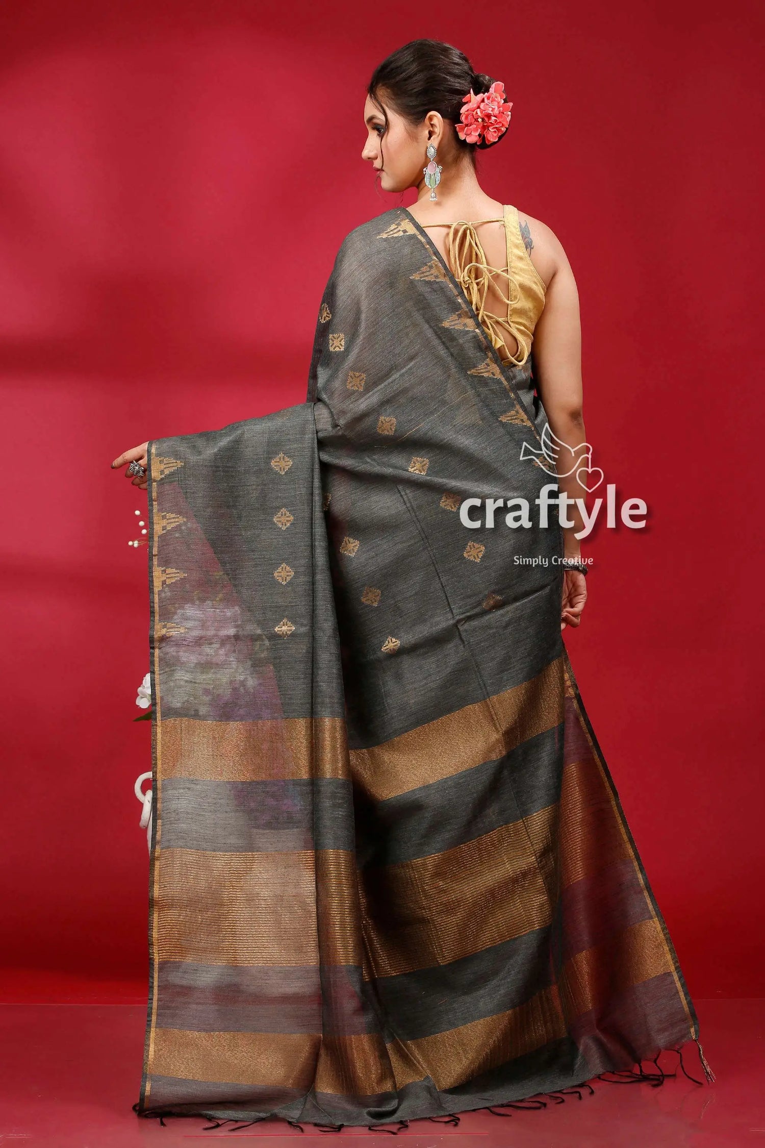 Elegant dark slate golden zari bhagalpuri soft ghicha silk saree gray gold saree 5