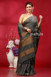 Elegant dark slate golden zari bhagalpuri soft ghicha silk saree woman gray gold saree 4