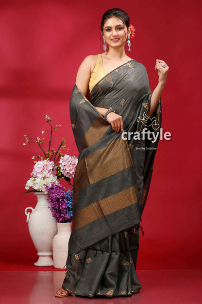 Elegant dark slate golden zari bhagalpuri soft ghicha silk saree woman gray gold saree 4
