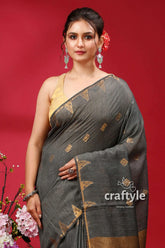 Elegant dark slate golden zari bhagalpuri soft ghicha silk saree gray saree gold accents 2