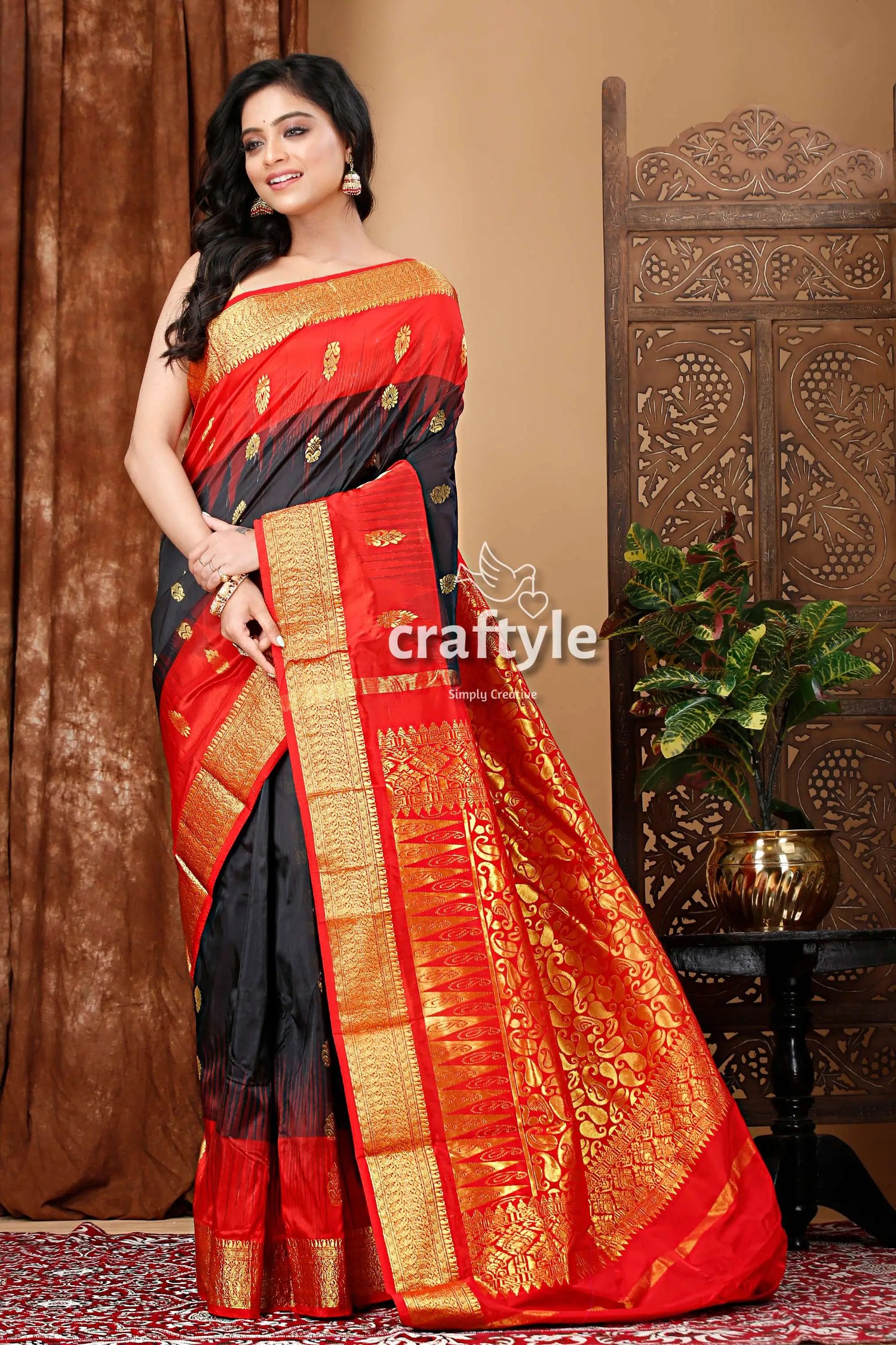 Elegant ebony black and red kanjivaram silk saree red black silk saree gold 4