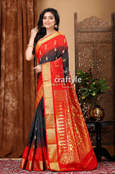 Elegant ebony black and red kanjivaram silk saree red black saree gold border 3