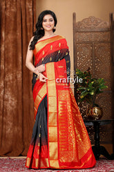 Elegant ebony black and red kanjivaram silk saree red gray silk saree gold 1