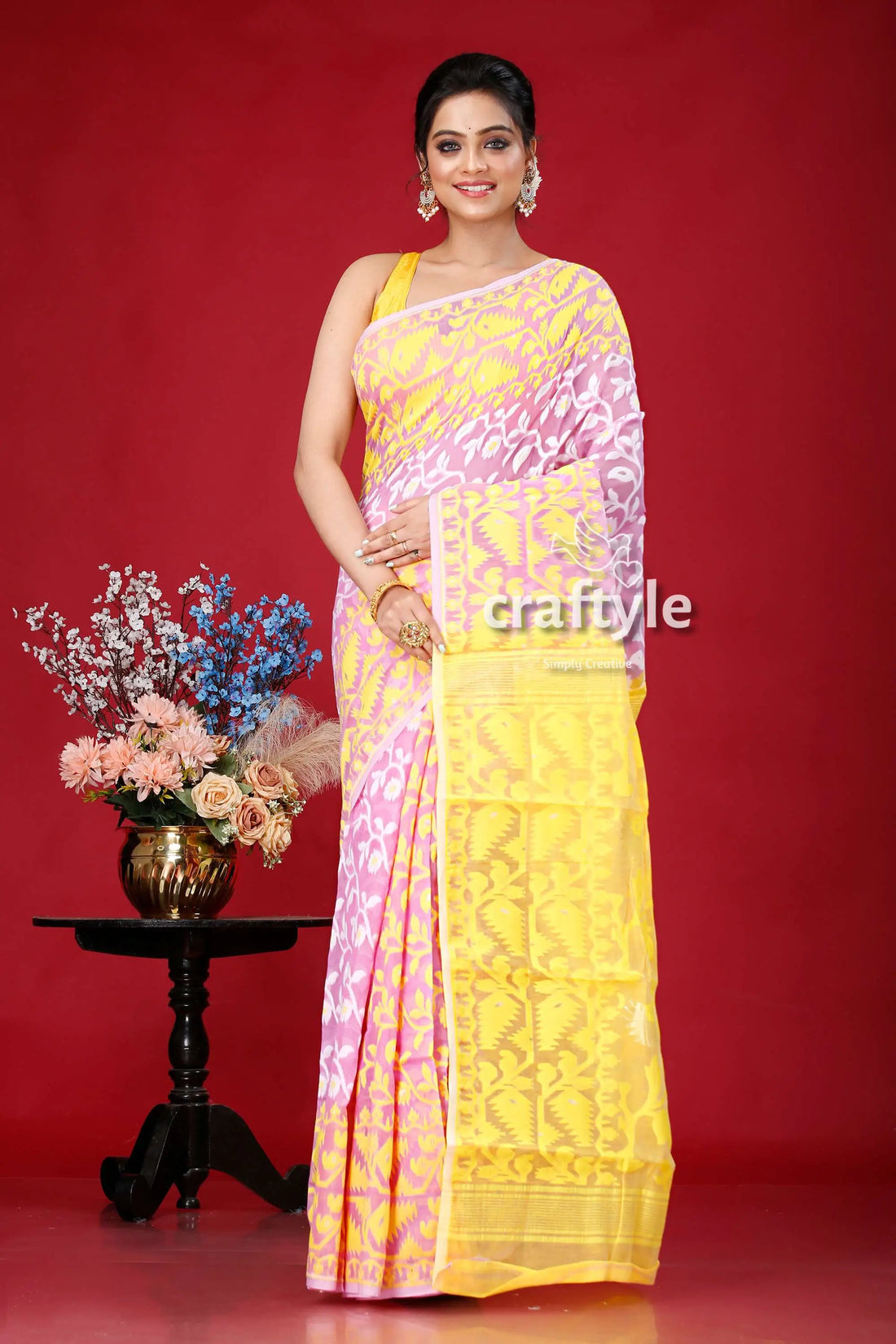 Elegant mauve and yellow floral jamdani saree - perfect for any occasion woman yellow pink saree 1
