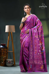 Elegant swan motif plum artisanal kantha work silk saree purple saree floral embroidery silk 1