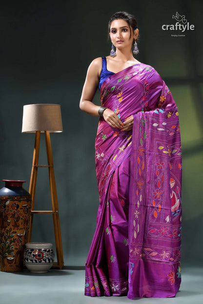 Elegant swan motif plum artisanal kantha work silk saree purple saree gold embroidery floral 6