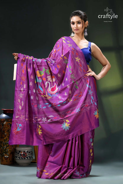 Elegant swan motif plum artisanal kantha work silk saree purple floral embroidered saree blue 5