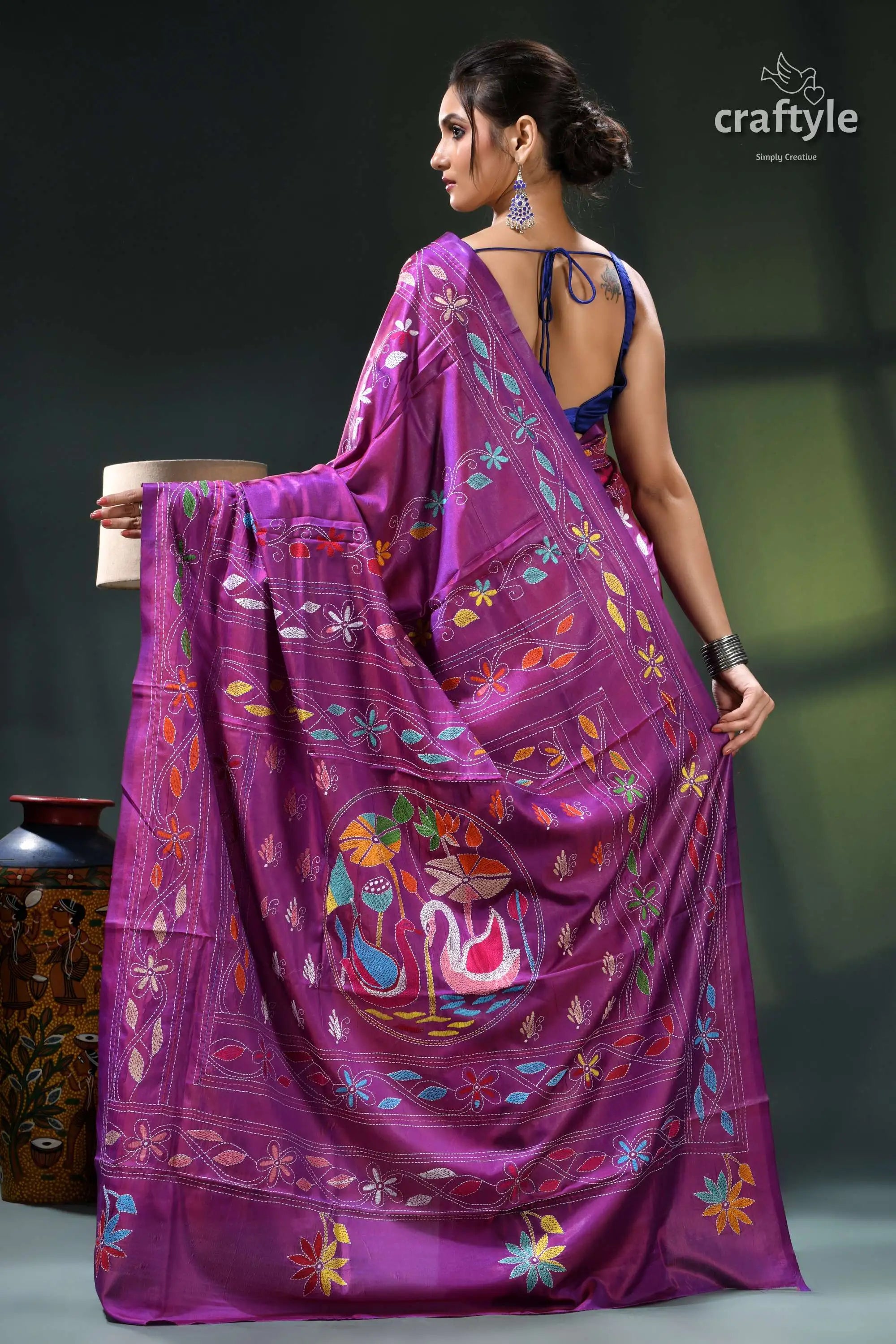 Elegant swan motif plum artisanal kantha work silk saree purple saree floral bird embroidery 4