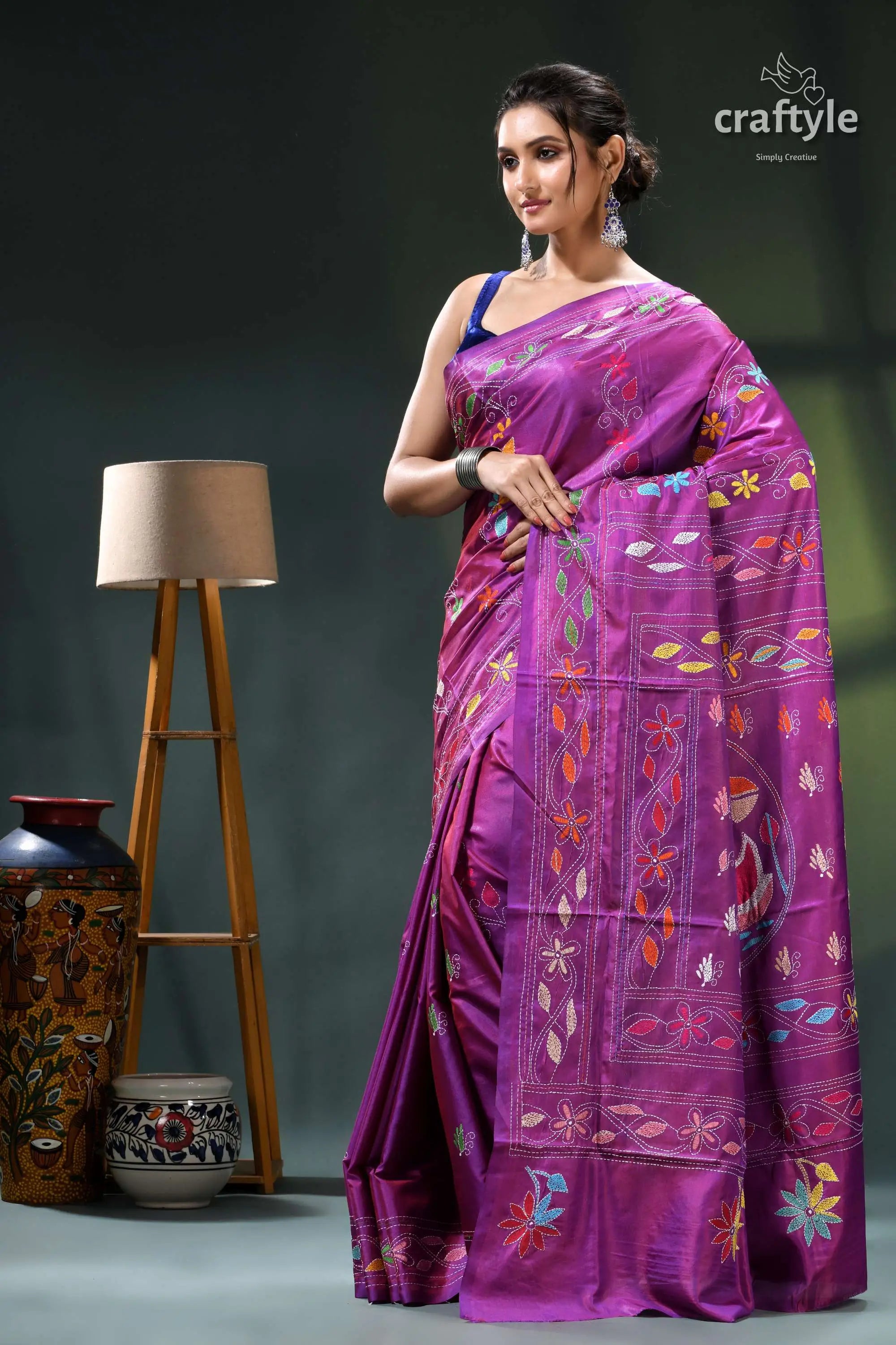 Elegant swan motif plum artisanal kantha work silk saree purple saree intricate floral embroidery 3
