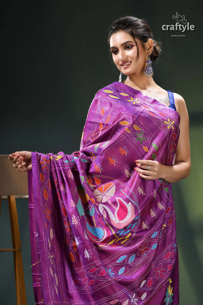Elegant swan motif plum artisanal kantha work silk saree purple saree colorful bird floral 2