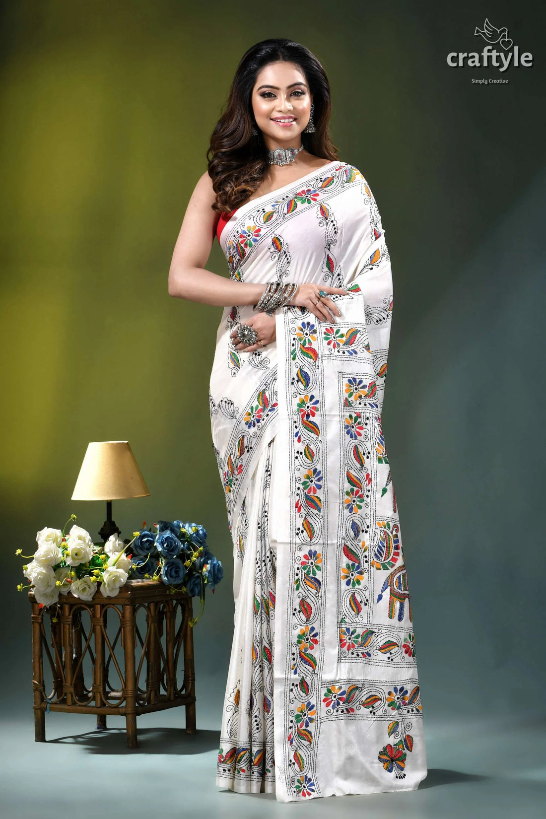 Elephant motif handmade kantha stitch silk saree in daisy white white sari intricate colorful floral 1