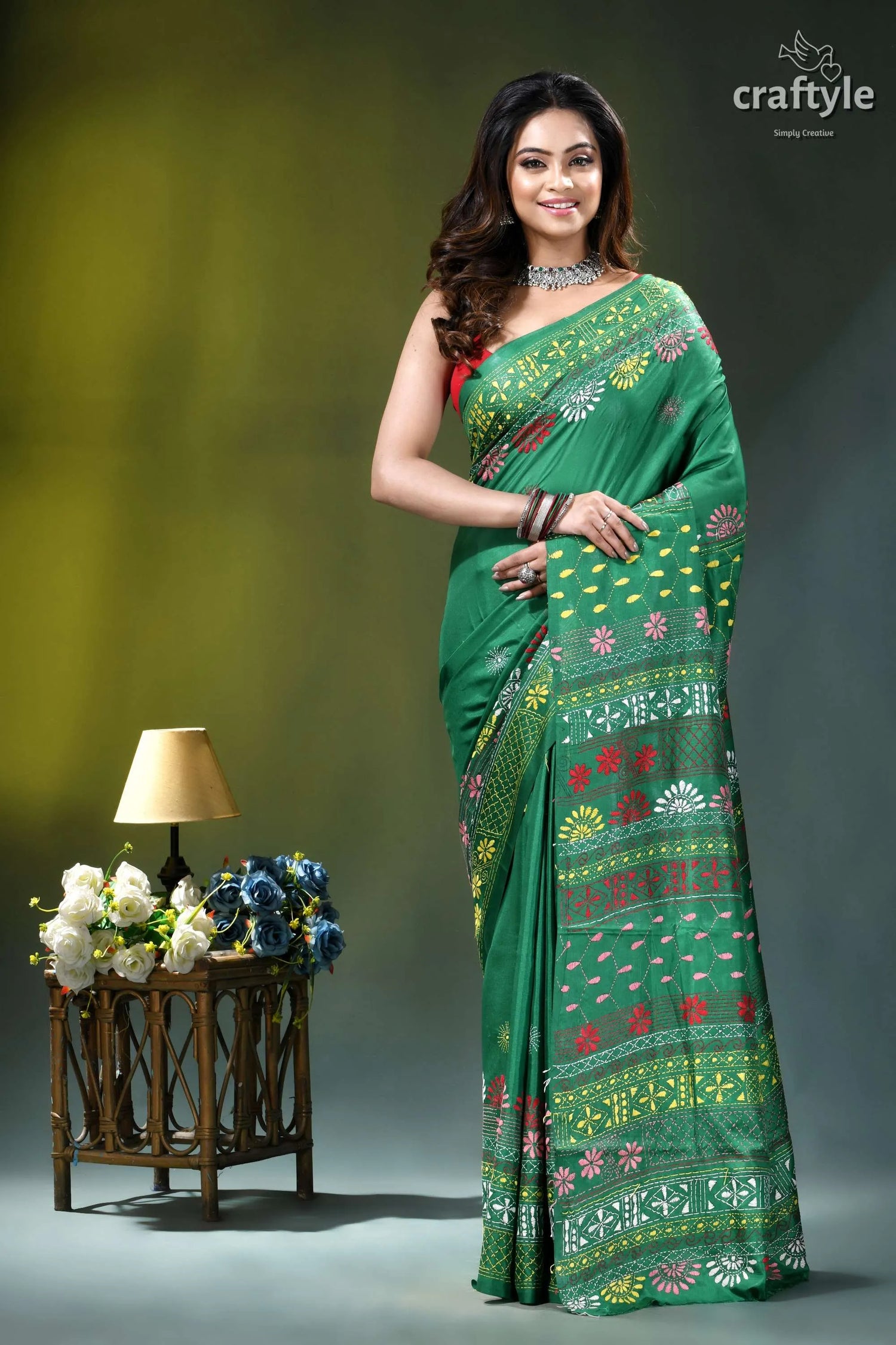 Elf green multicolor thread hand embroidery silk lambani saree green silk saree intricate floral 1