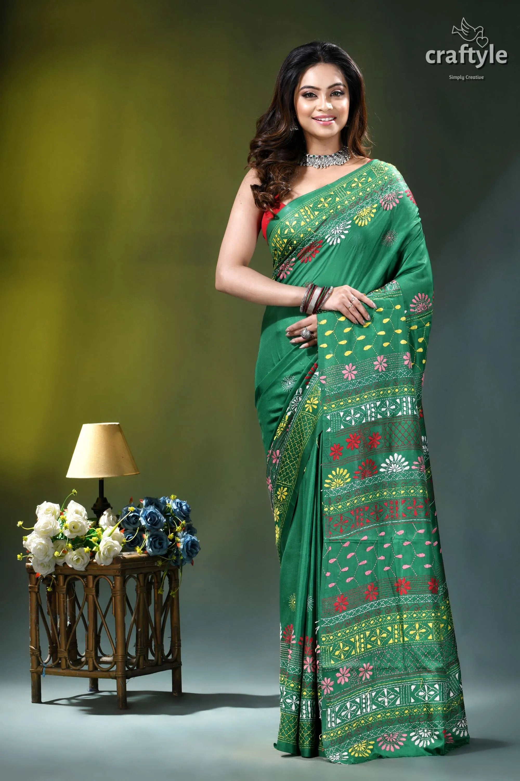 Elf green multicolor thread hand embroidery silk lambani saree green silk saree intricate floral 1