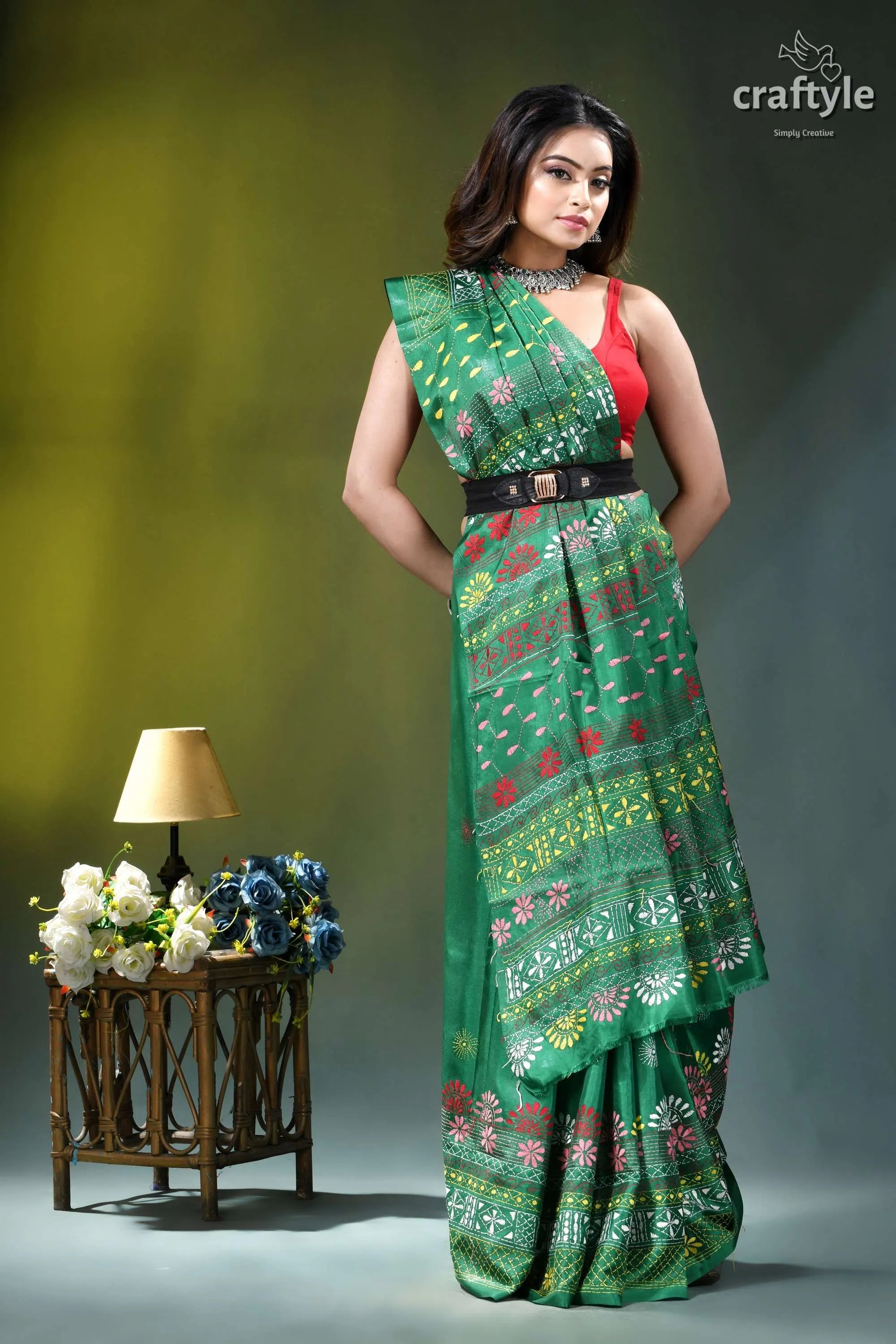 Elf green multicolor thread hand embroidery silk lambani saree green patterned saree floral geometric 7